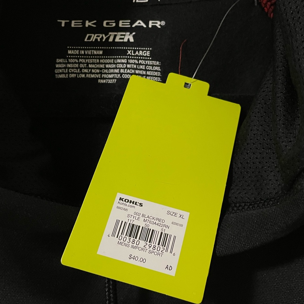 NWT Men’s Tek Gear Dry Tek Red‎ and Black Hoodie - XL - Picture 6 of 7